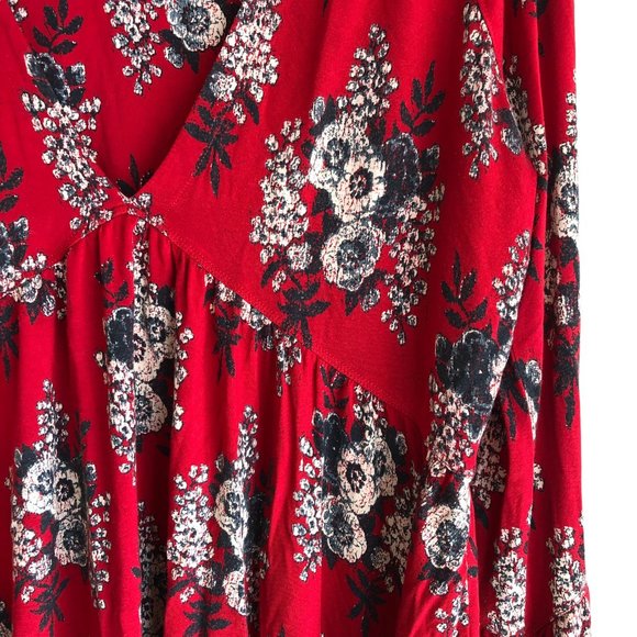Free People Women's Blouse Size L Floral Red Bohemian Bell Sleeve Stretch - Picture 6 of 9